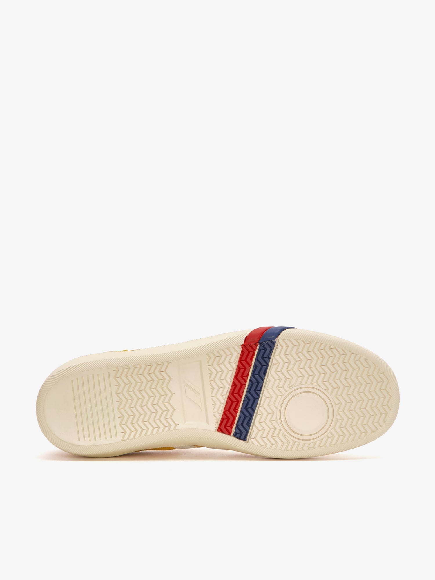 Suola con logo stripes sul battistrada delle sneaker Pro-Keds Court Ace da donna in suede, color senape e crema
