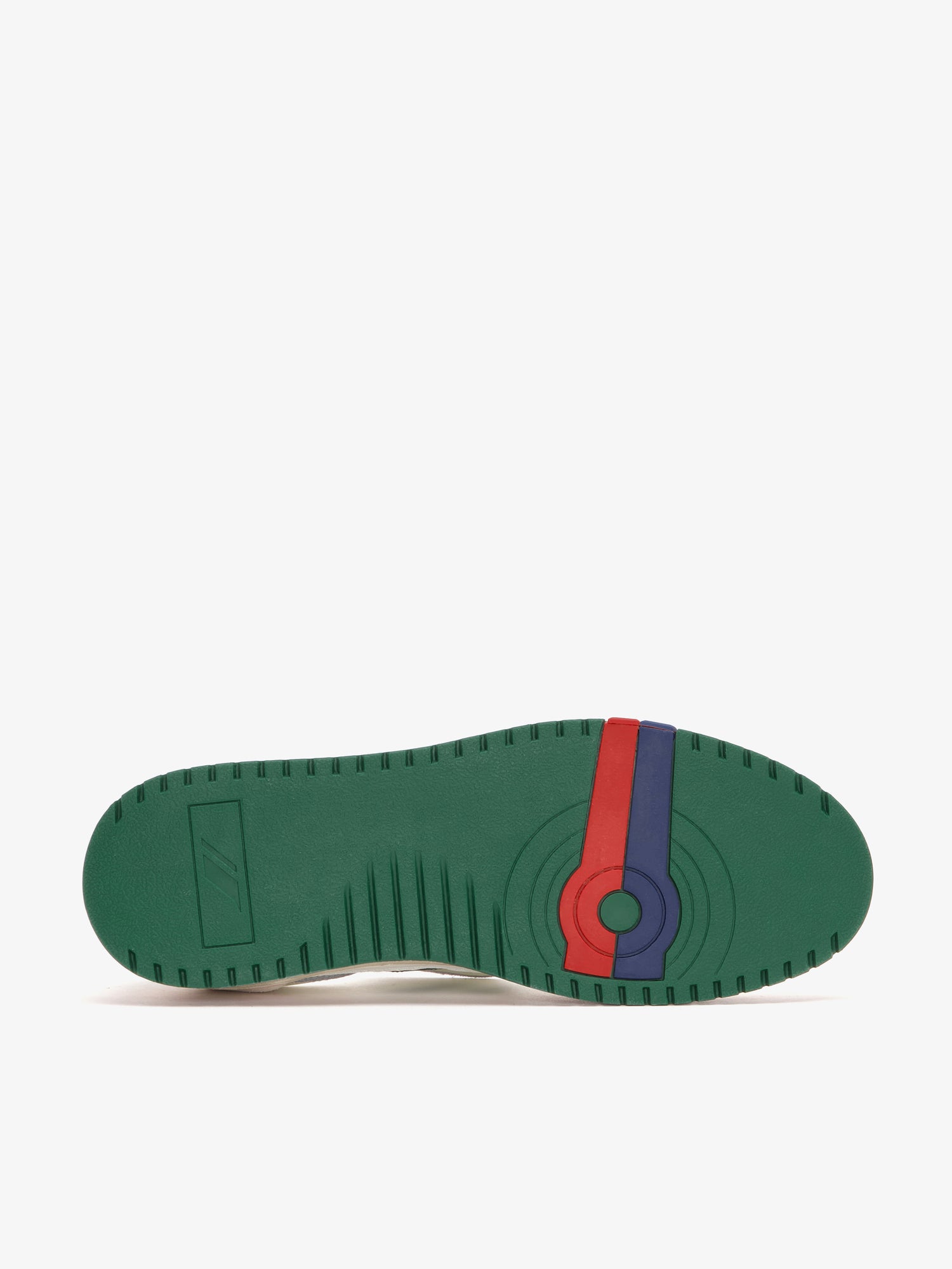 Suola con logo stripes sul battistrada delle sneaker Pro-Keds Field King in pelle color avorio e verde bottiglia