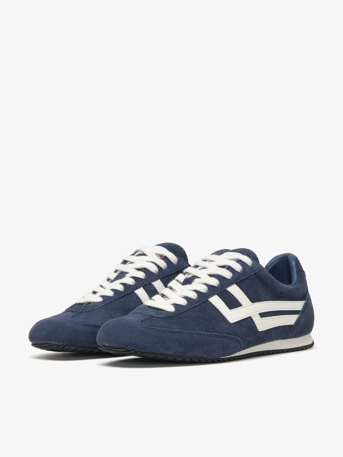 Pro-Keds Racer 77 da uomo, sneaker blu e avorio, vista laterale con tomaia in suede e inserti in pelle