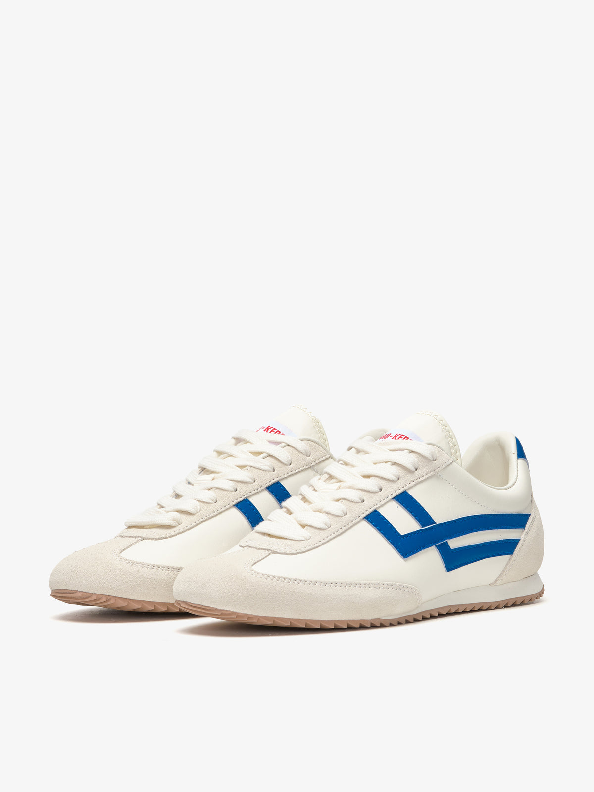 Pro-Keds Racer 77 da uomo, paio di sneaker crema e blu, vista frontale e laterale