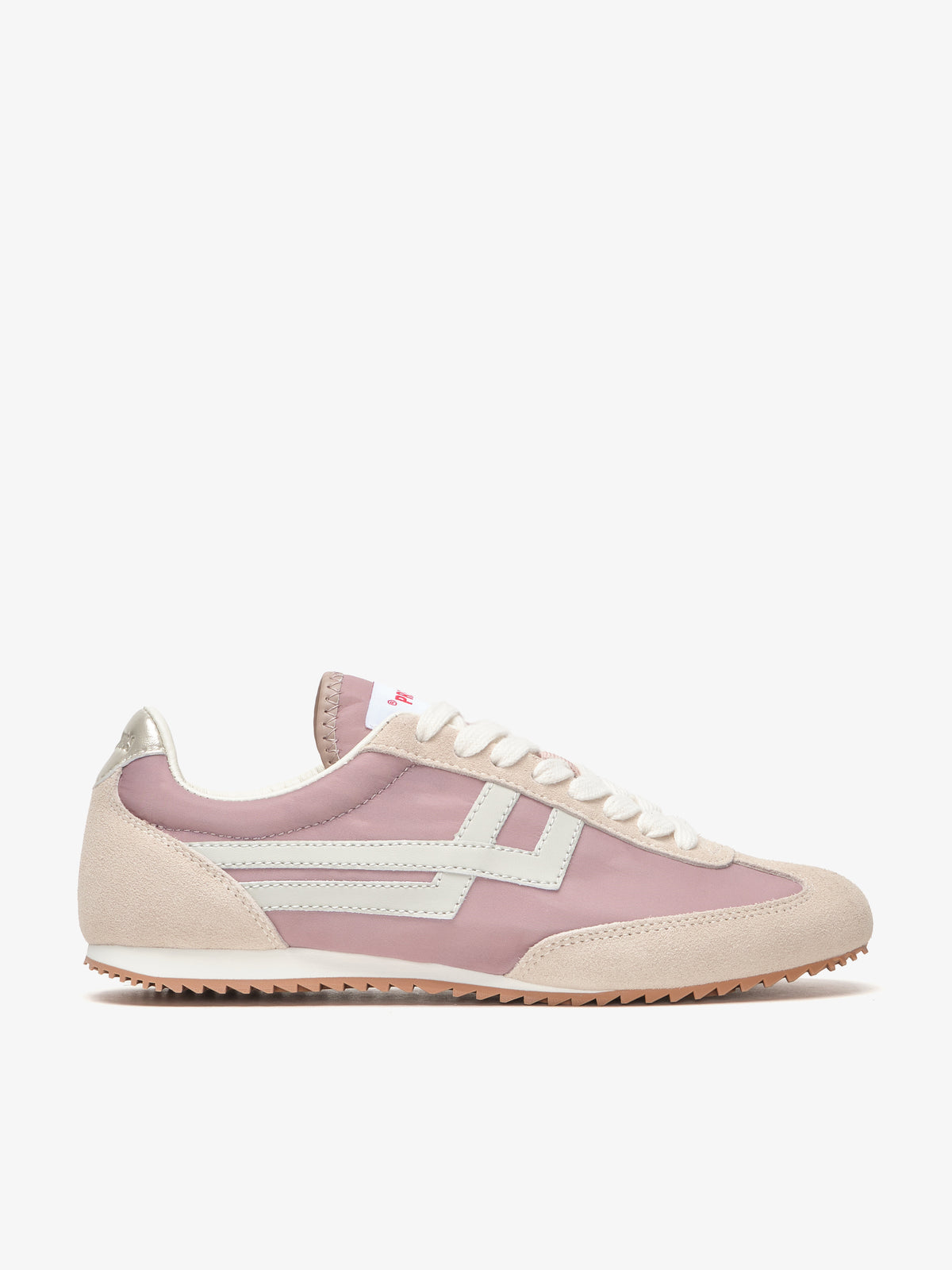 Pro-Keds Racer 77 da donna, sneaker rosa e avorio, vista laterale con tomaia in nylon e inserti in suede e pelle