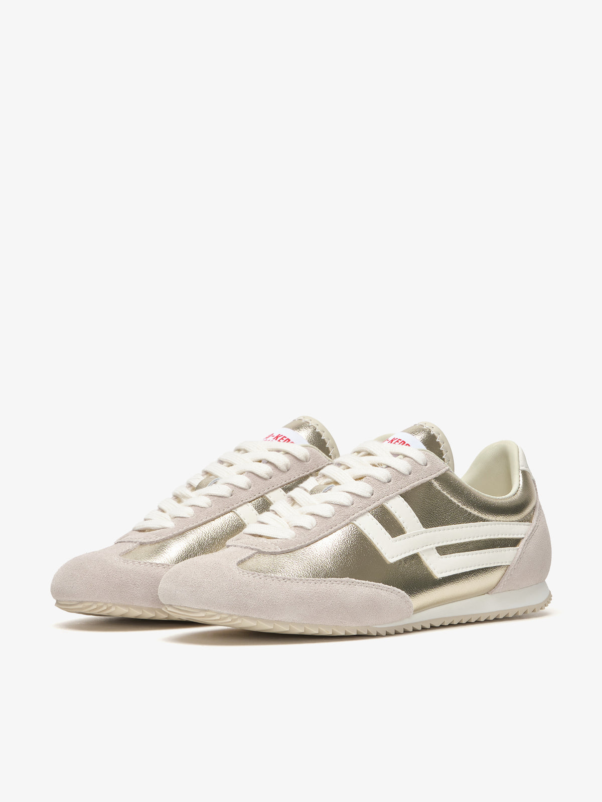 Pro-Keds Racer 77 da donna, sneaker platino e avorio, vista laterale con tomaia in pelle e inserti in suede