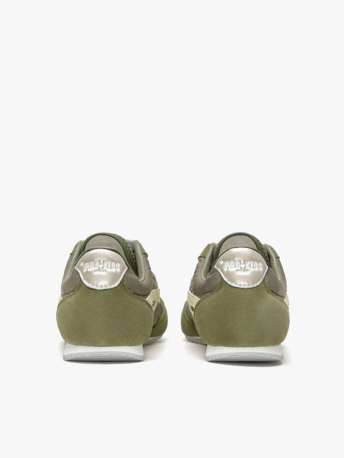 Pro-Keds Racer 77 da donna, sneaker verde militare e platino, retro con dettaglio talloncino