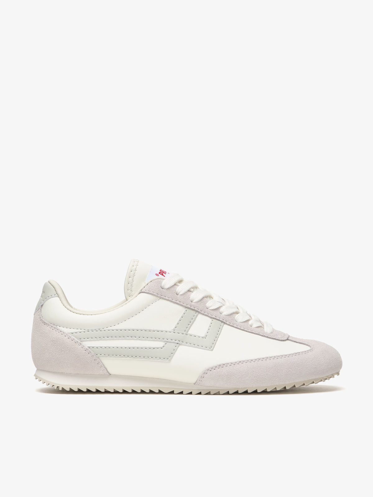 Pro-Keds Racer 77 da donna, sneaker bianca e grigia, vista laterale con tomaia in pelle e inserti in suede