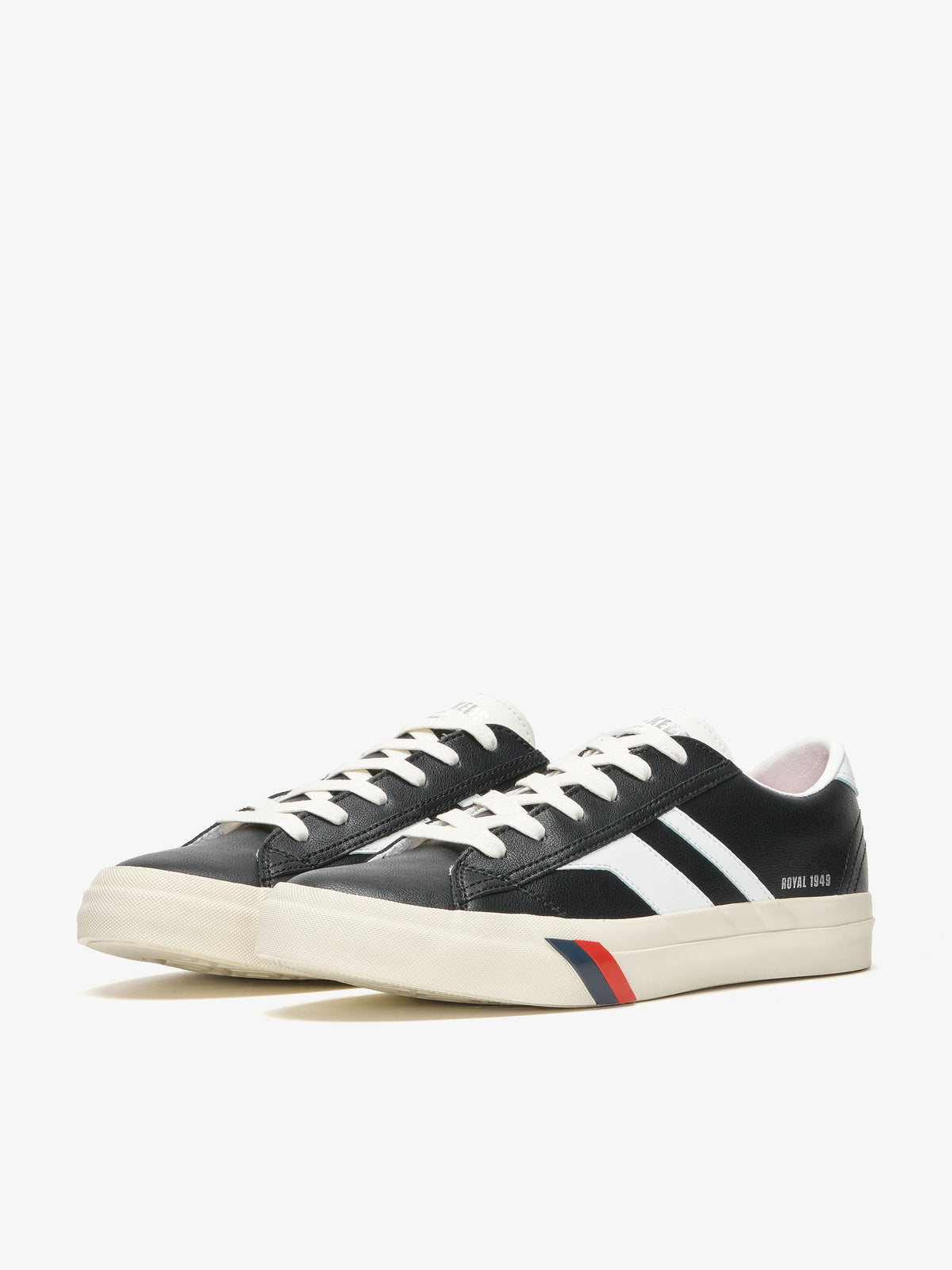Sneaker da uomo Pro-Keds Royal Classic in pelle nero e bianco, vista laterale e frontale
