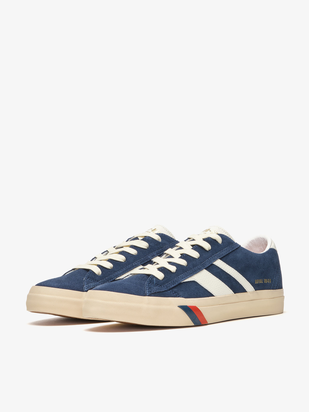 Sneaker da uomo Pro-Keds Royal Classic in suede blu e avorio, vista laterale e frontale