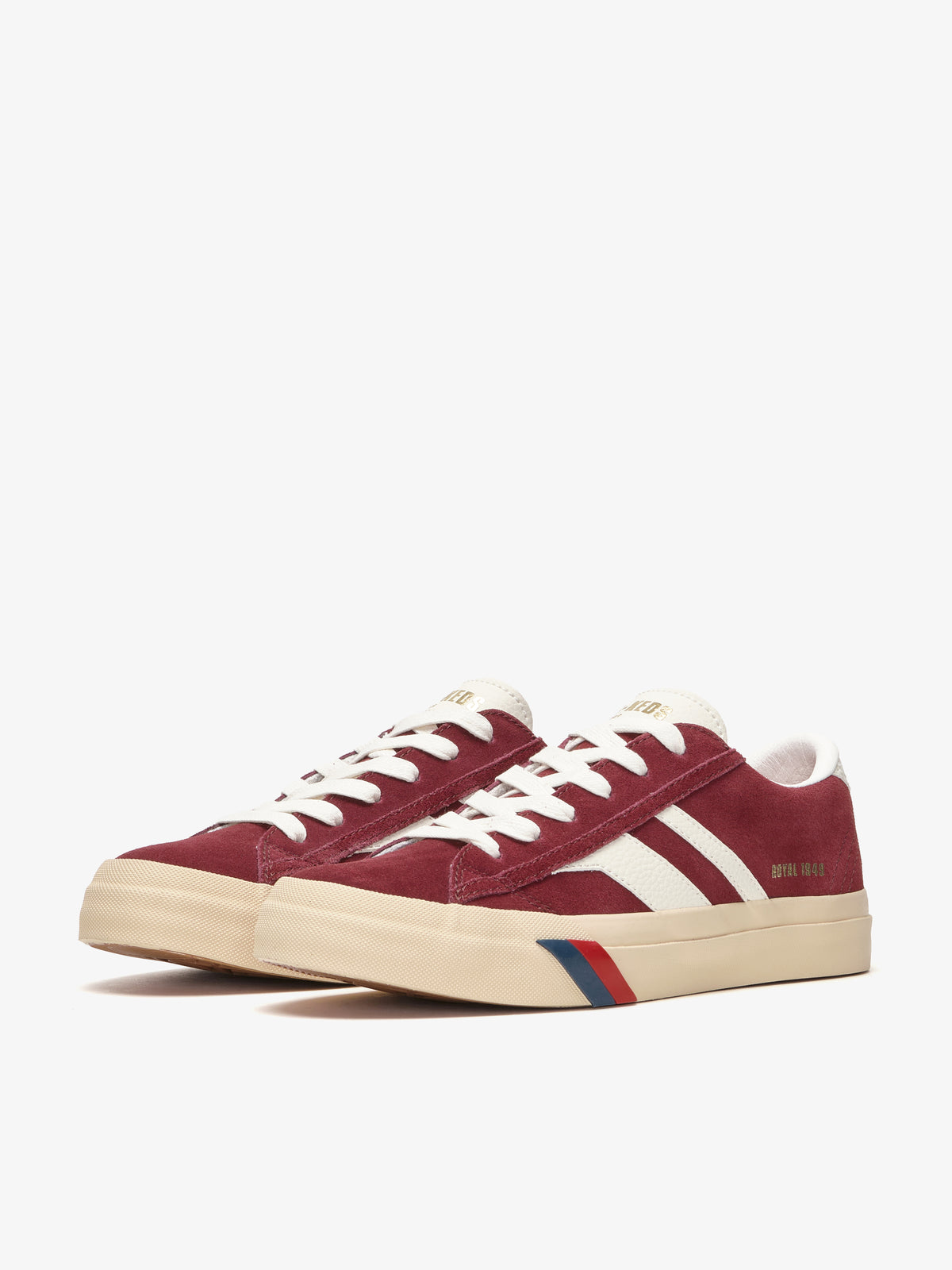 Sneaker da donna Pro-Keds Royal Classic in suede bordeaux e avorio, vista laterale e frontale