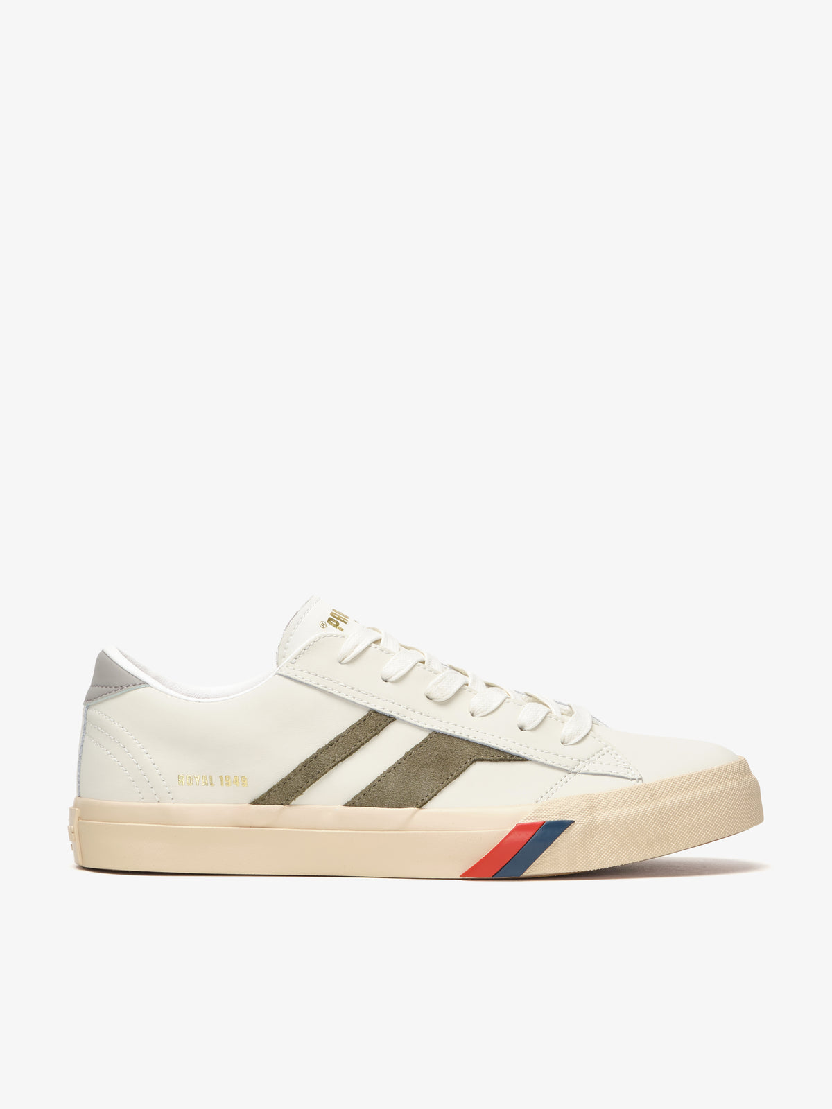 Sneaker da uomo Pro-Keds Royal Classic in pelle bianco e verde militare, vista laterale