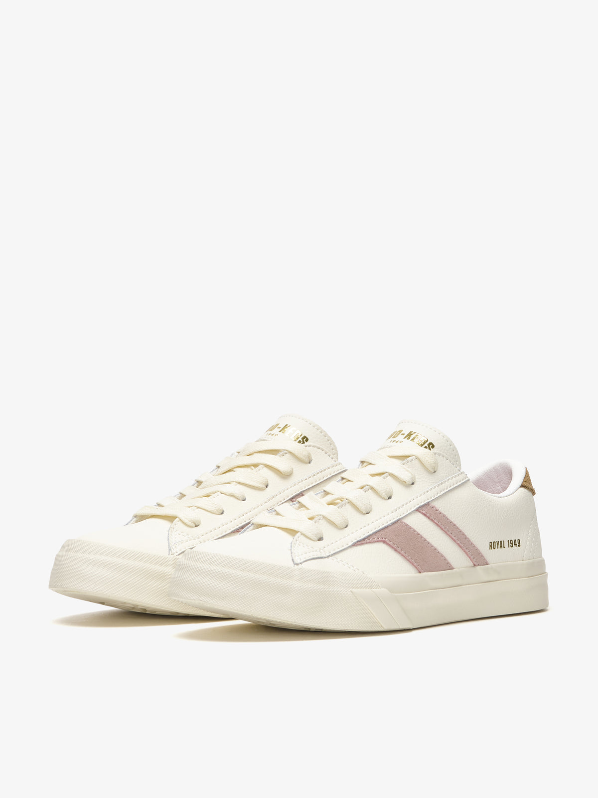 Sneaker da donna Pro-Keds Royal Classic in pelle crema e rosa, vista laterale e frontale