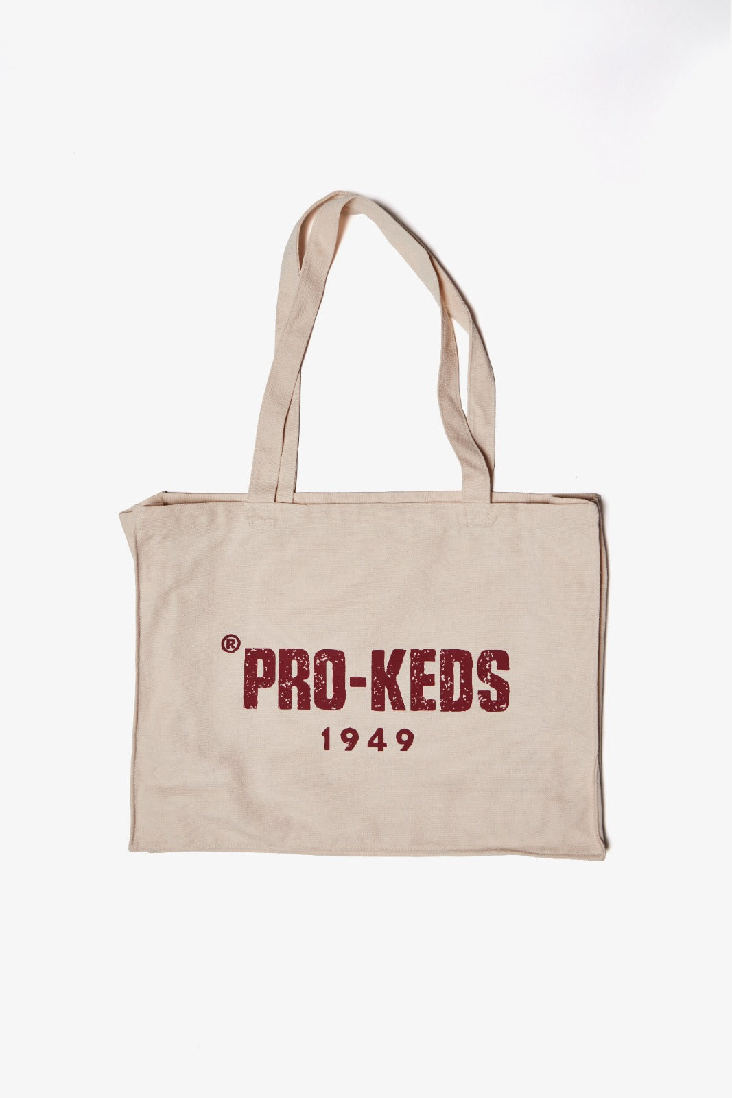 Shopping bag Pro-Keds 1949 in canvas bianca con stampa logo bordeaux