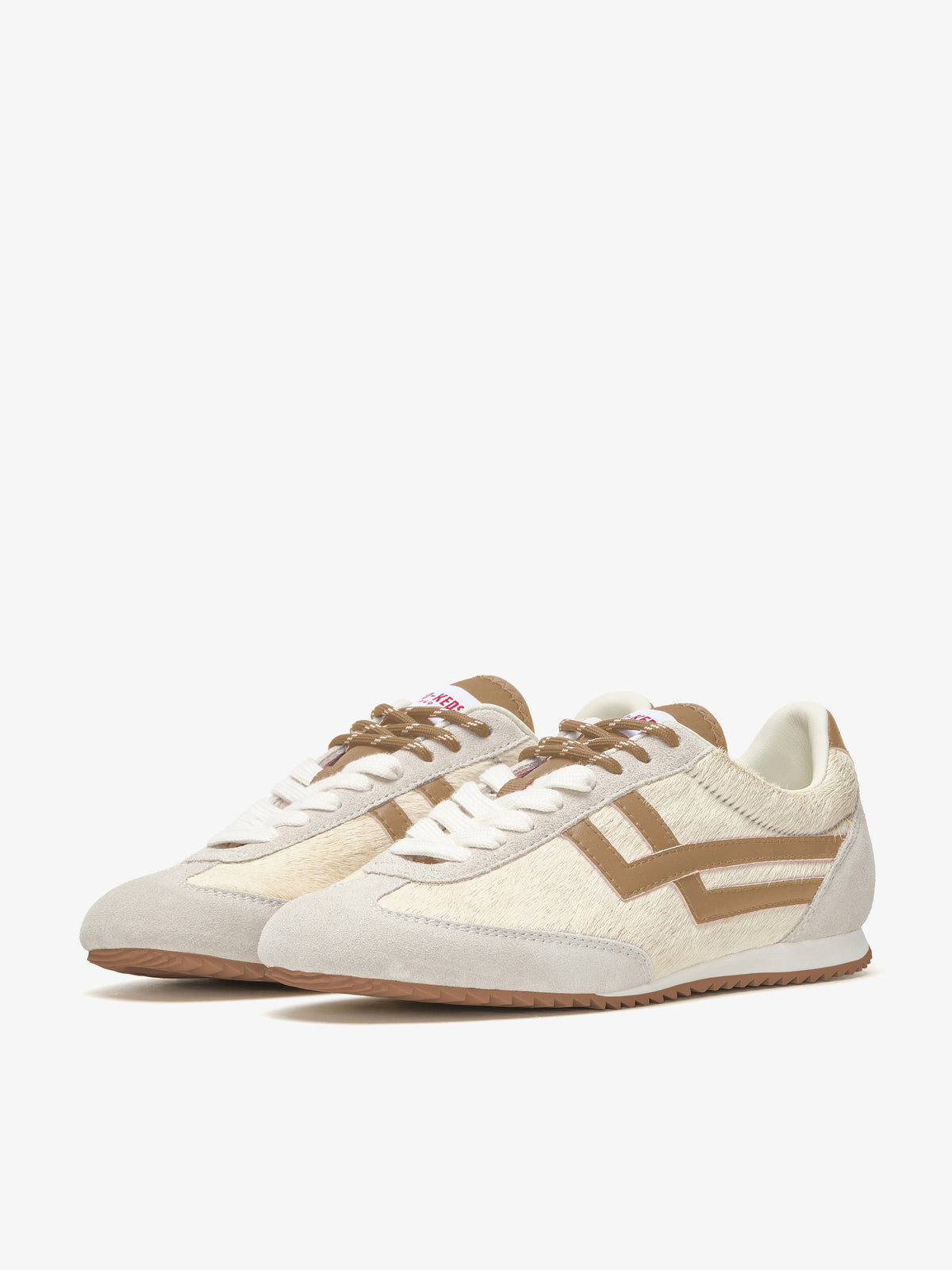 Pro-Keds Racer 77 da donna, sneaker avorio e beige, vista laterale con tomaia in cavallino e inserti in pelle