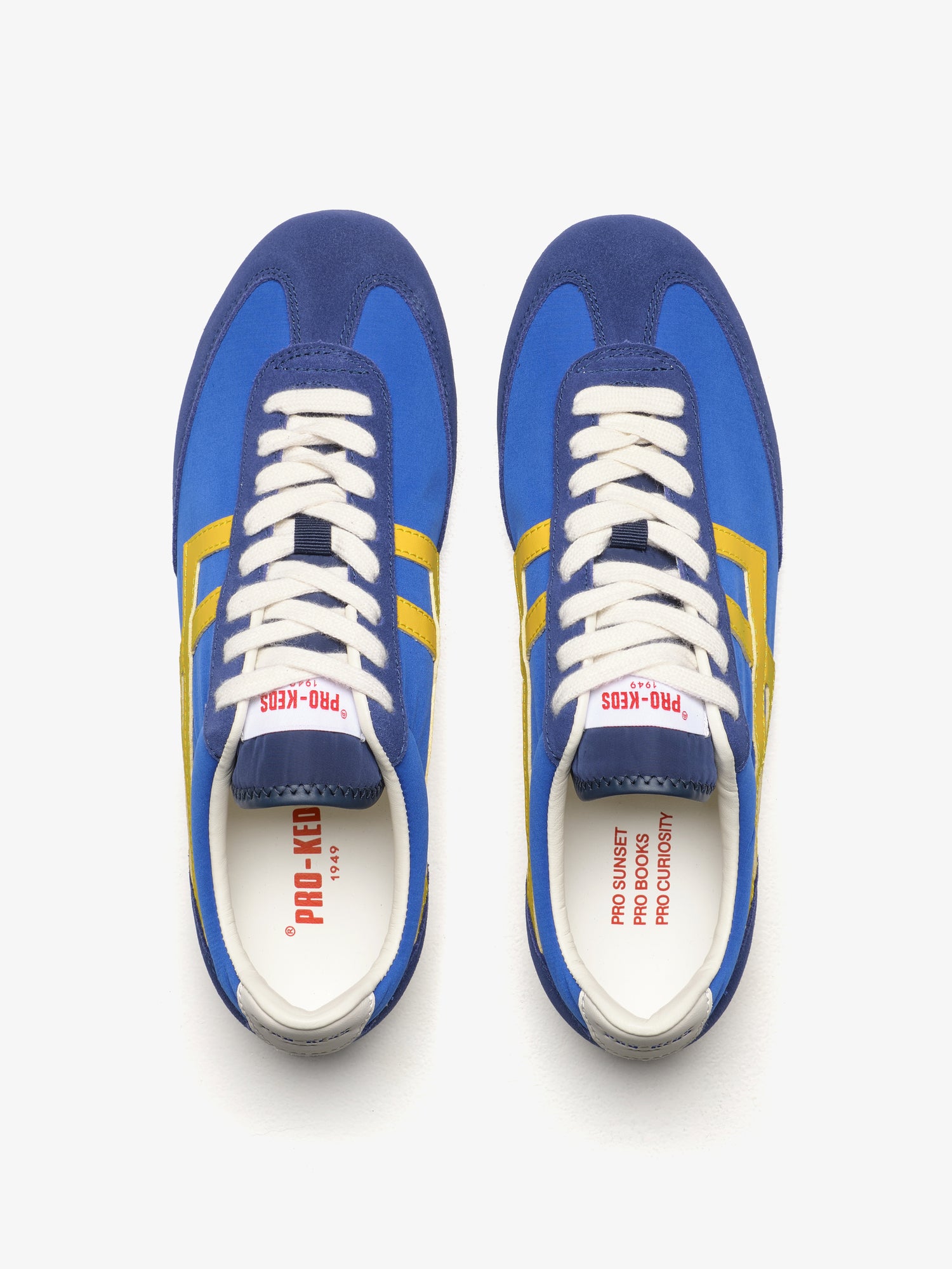 Pro-Keds Racer 77 da uomo, paio di sneaker blu e gialla, vista dall'alto