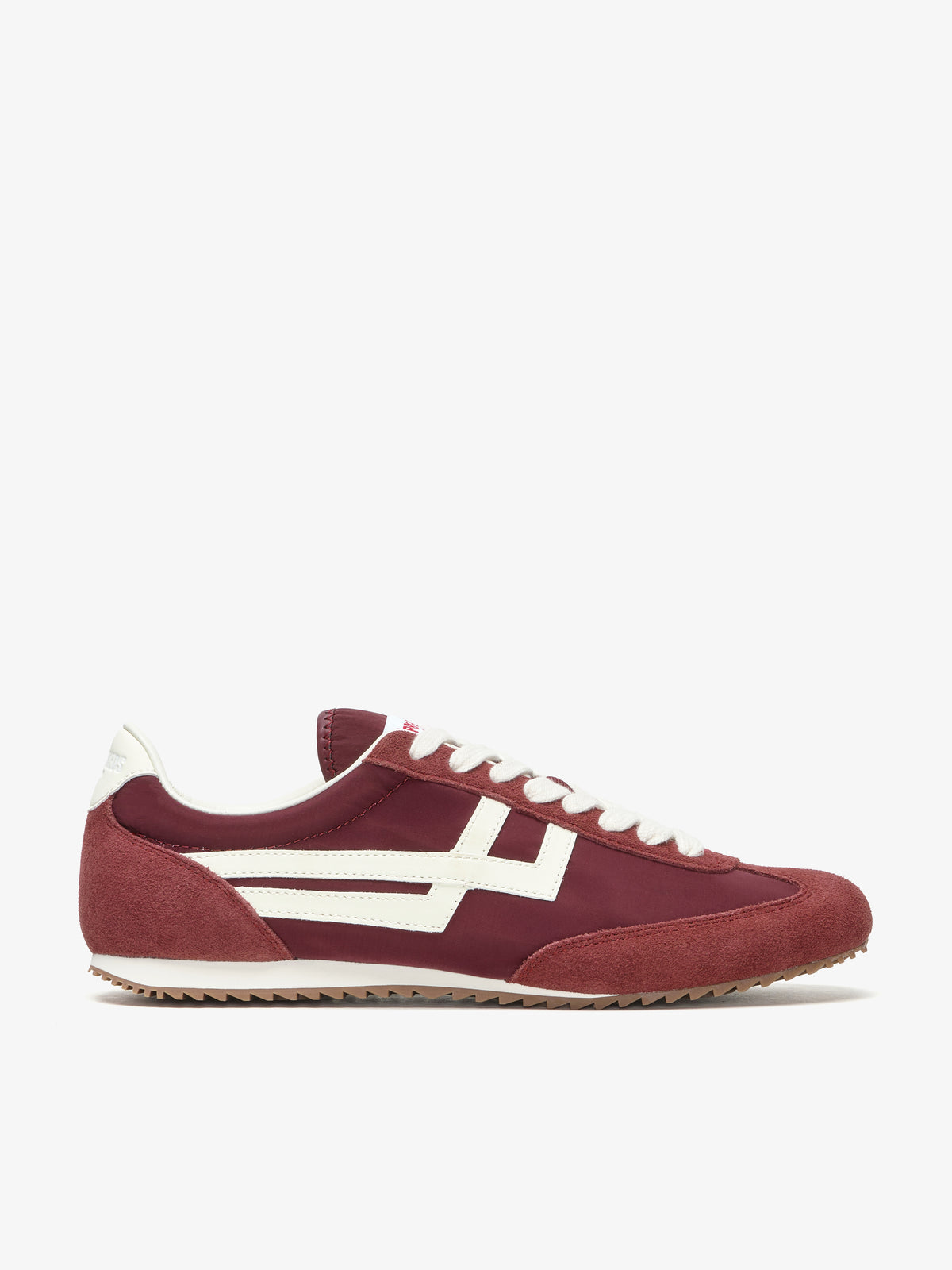 Pro-Keds Racer 77 da donna, sneaker bordeaux  e avorio, vista laterale con tomaia in nylon e inserti in suede e pelle
