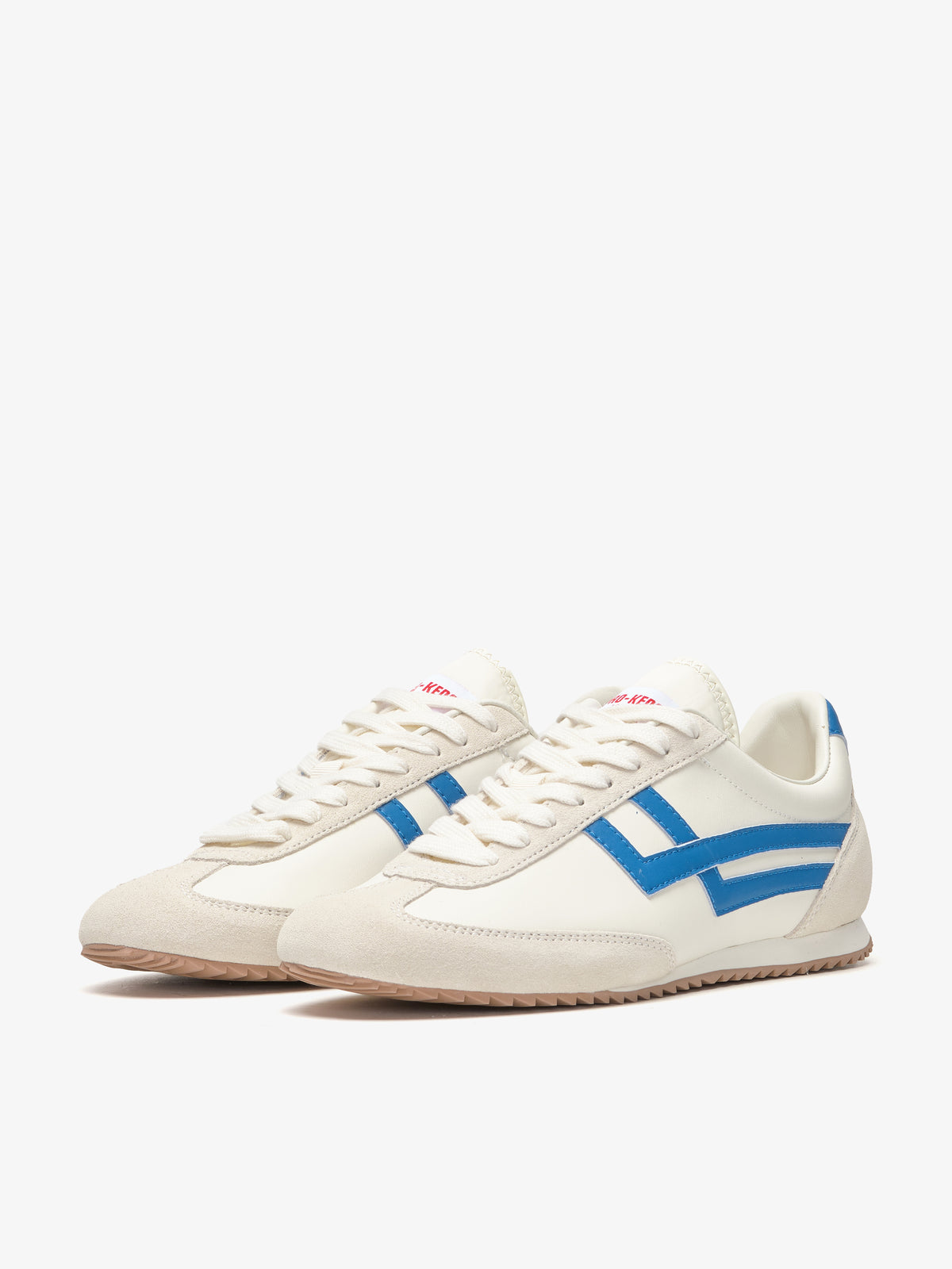 Pro-Keds Racer 77 da uomo, sneaker crema e blu, vista laterale con tomaia in pelle e inserti in suede e pelle