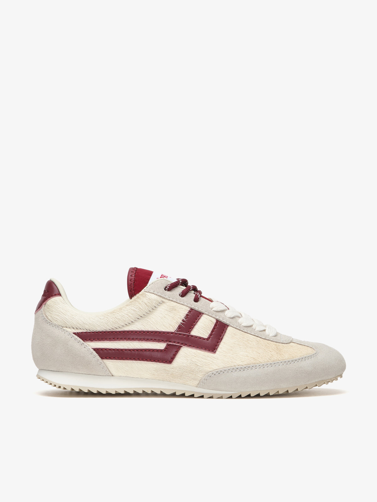 Pro-Keds Racer 77 da donna, sneaker avorio e bordeaux, scarpa singola, dettaglio tomaia in cavallino con inserti in pelle