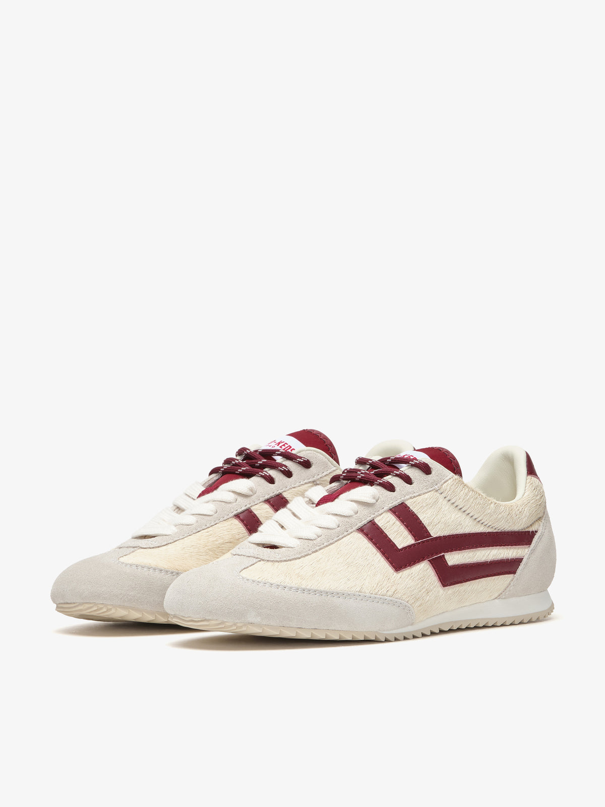 Pro-Keds Racer 77 da donna, sneaker avorio e bordeaux, vista laterale con tomaia in cavallino e inserti in pelle