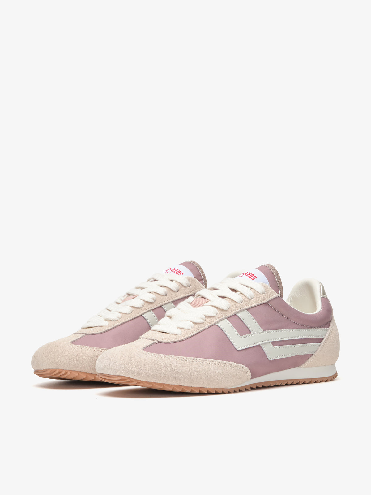 Pro-Keds Racer 77 da donna, paio di sneaker rosa e avorio, vista frontale e laterale