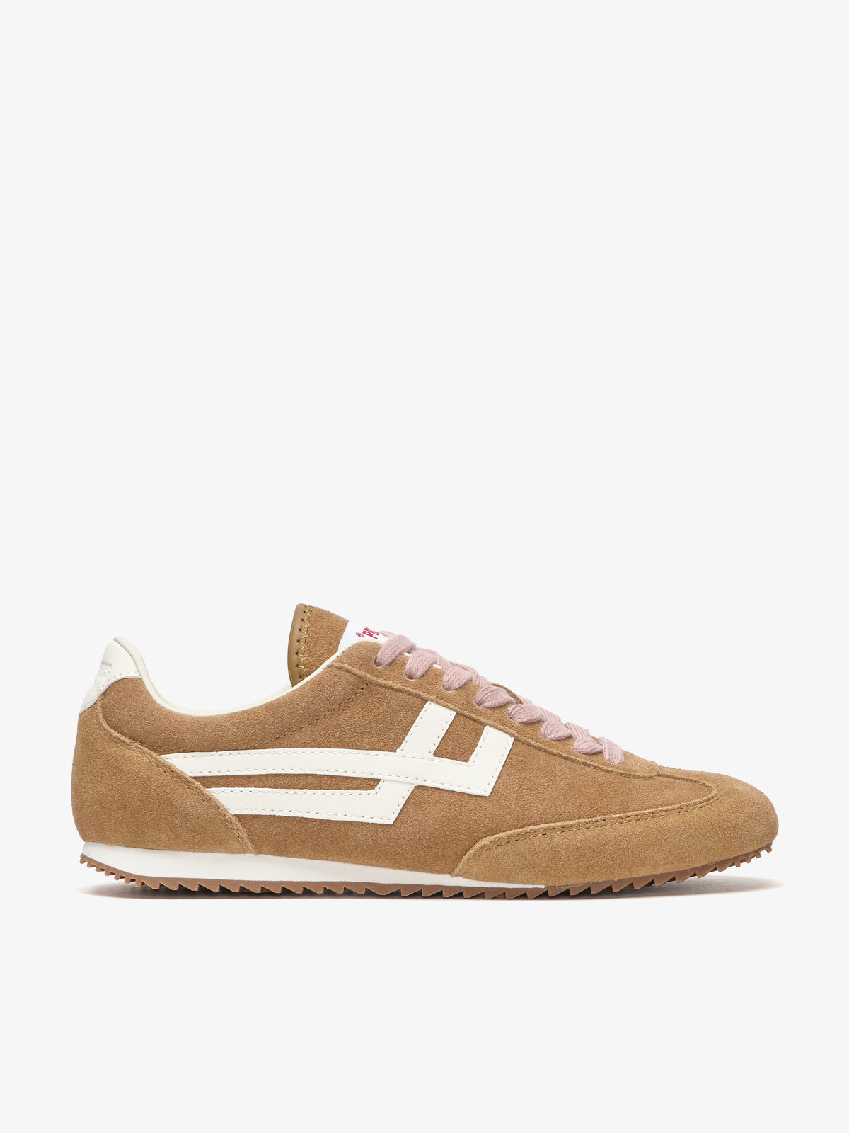 Pro-Keds Racer 77 da donna, sneaker tabacco e avorio, vista laterale con tomaia in suede e inserti in suede