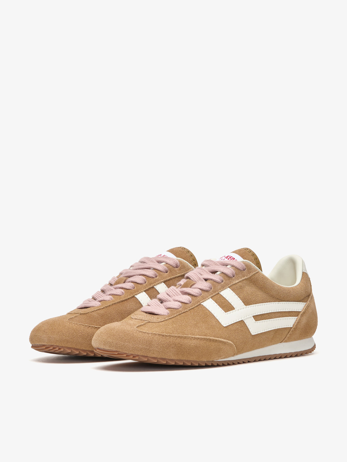 Pro-Keds Racer 77 da donna, paio di sneaker tabacco e avorio, vista frontale e laterale
