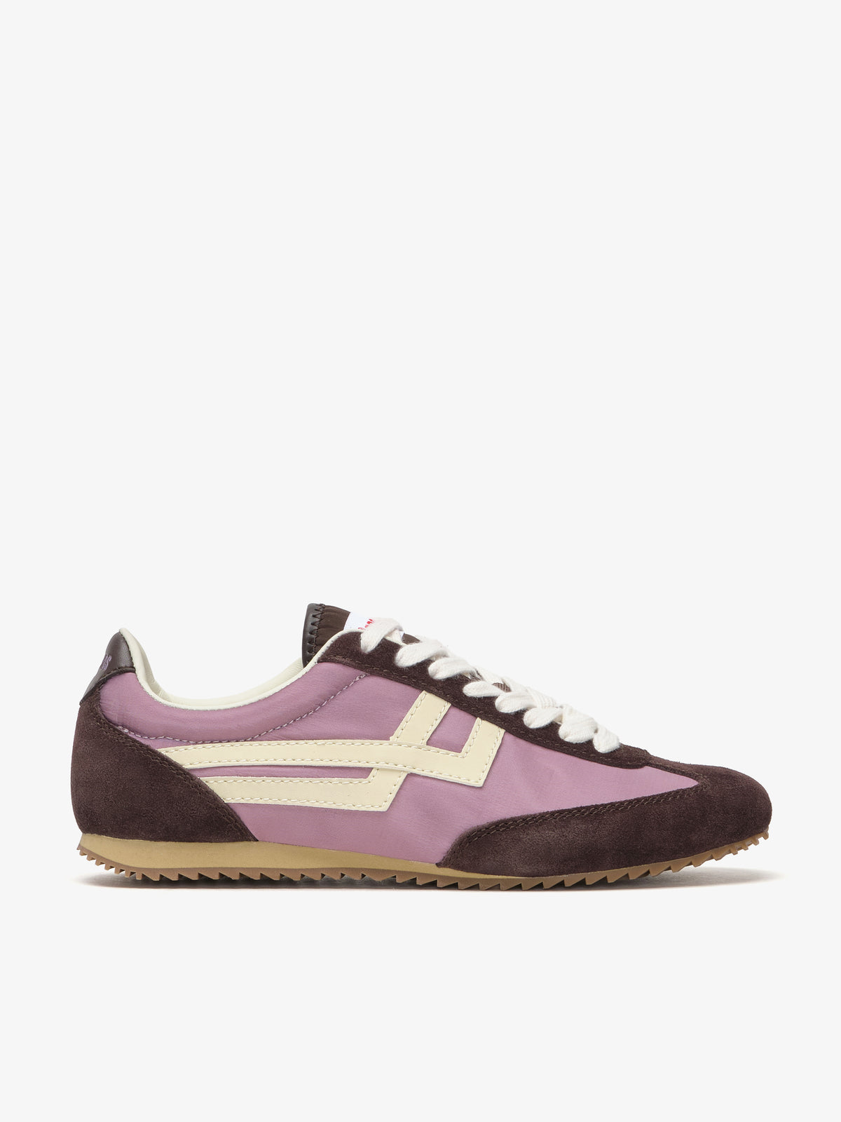 Pro-Keds Racer 77 da donna, sneaker glicine e avorio, vista laterale con tomaia in nylon e inserti in suede