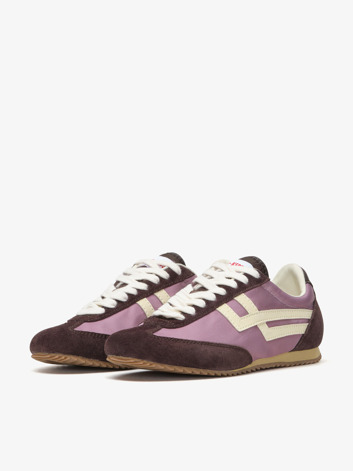 Pro-Keds Racer 77 da donna, paio di sneaker glicine e avorio, vista frontale e laterale