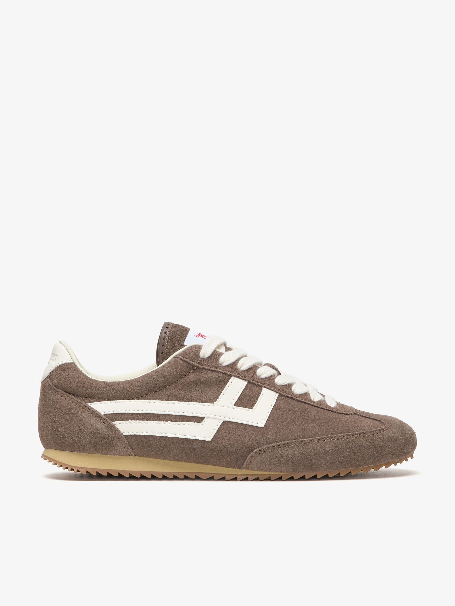 Pro-Keds Racer 77 da donna, sneaker marrone e avorio, vista laterale con tomaia in suede e inserti in suede