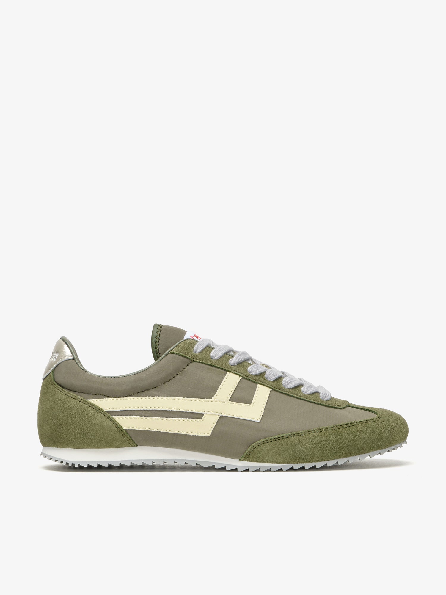 Pro-Keds Racer 77 da donna, sneaker verde militare e platino, vista laterale con tomaia in nylon e inserti in suede e pelle