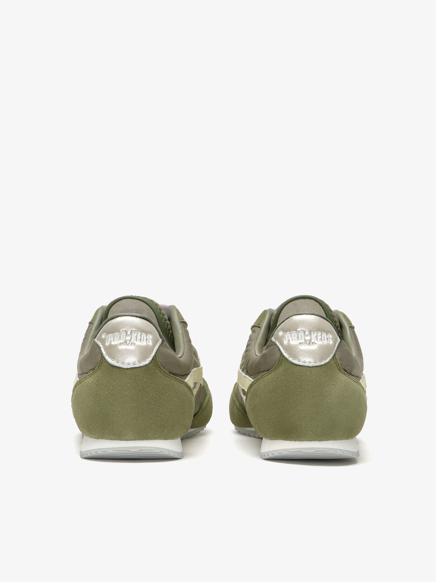 Pro-Keds Racer 77 da donna, sneaker verde militare e platino, retro con dettaglio talloncino