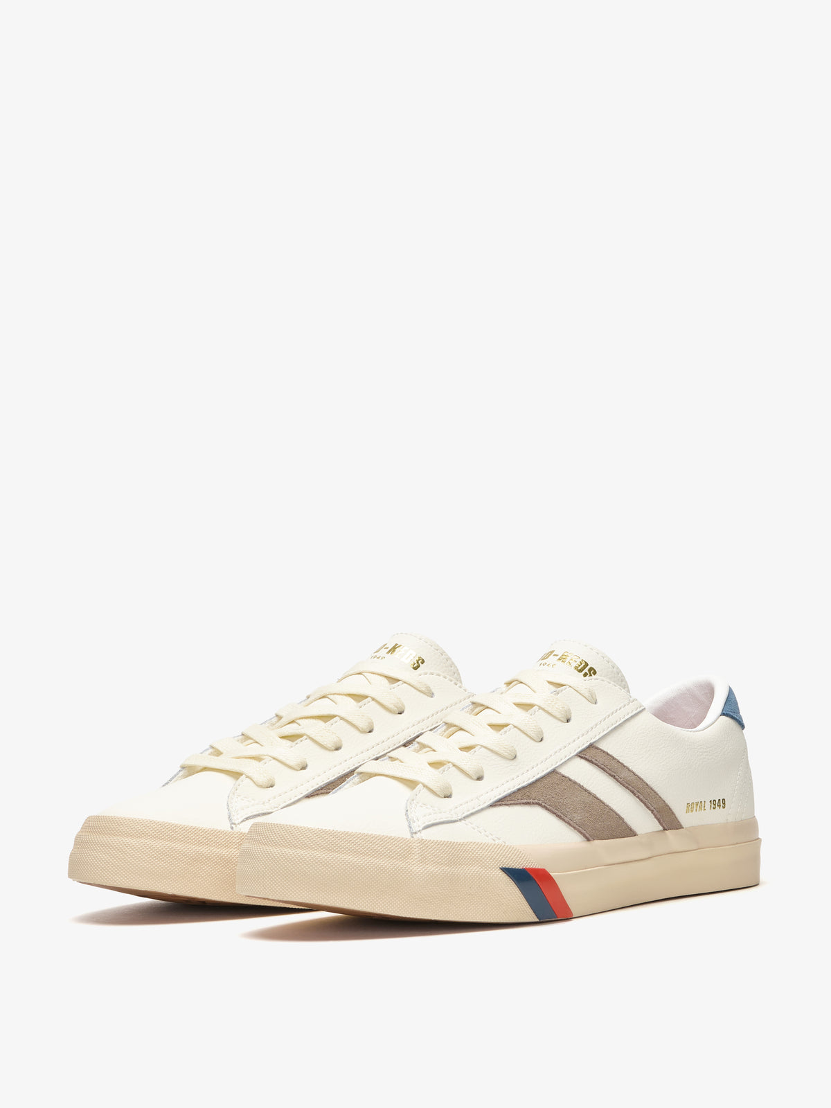 Sneaker da uomo Pro-Keds Royal Classic in pelle crema e beige, vista laterale e frontale