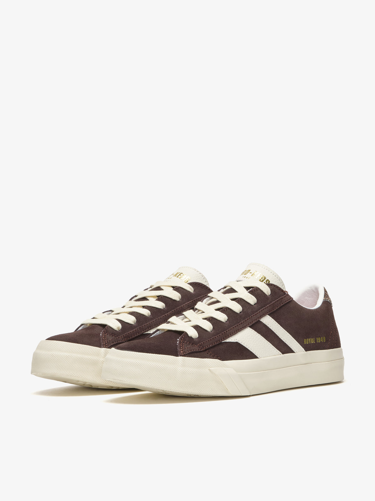 Sneaker da donna Pro-Keds Royal Classic in suede prugna e crema, vista laterale e frontale