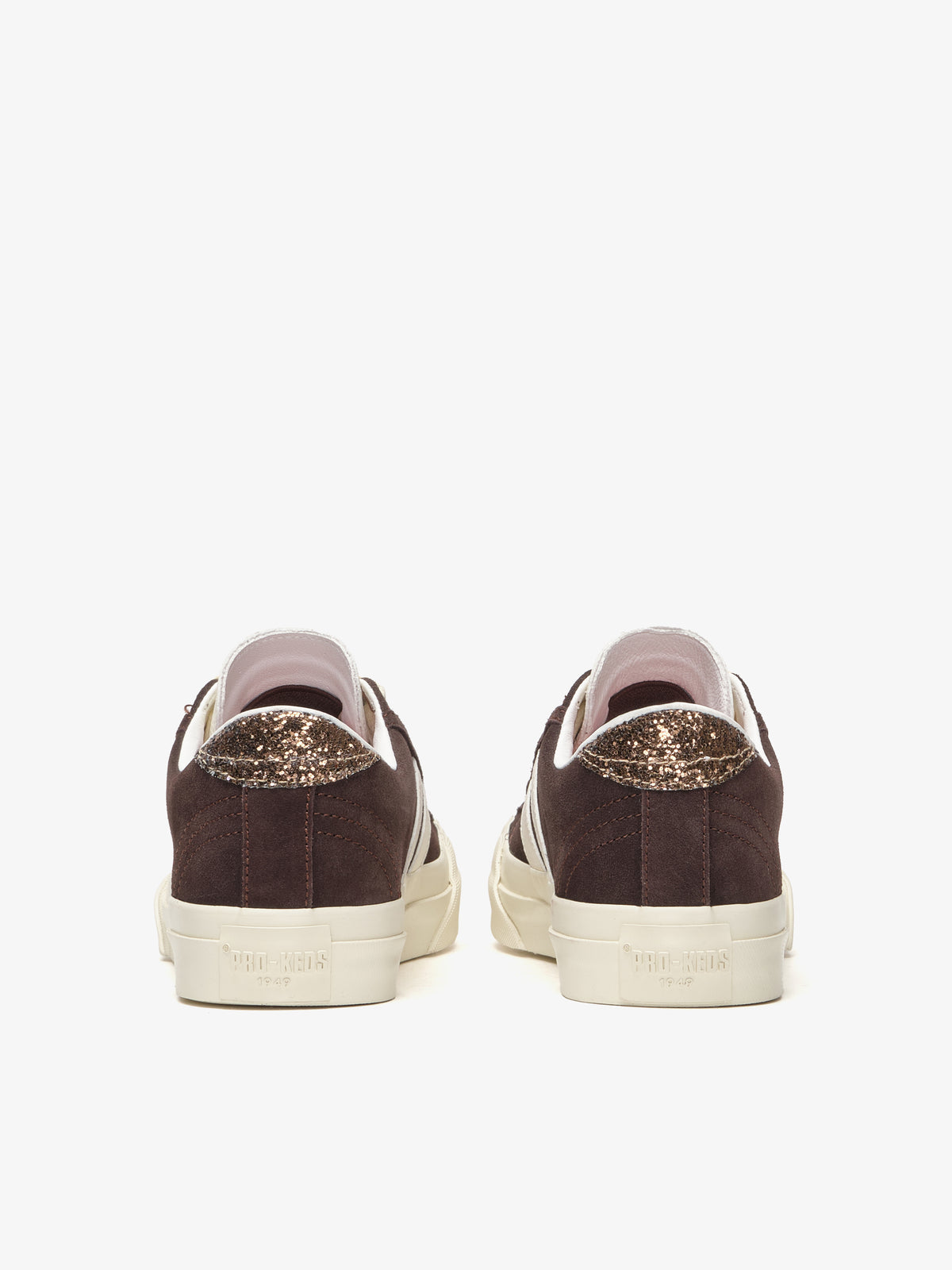 Retro scarpa Royal Classic di Pro-Keds da donna in suede prugna e crema, dettaglio talloncino con glitter