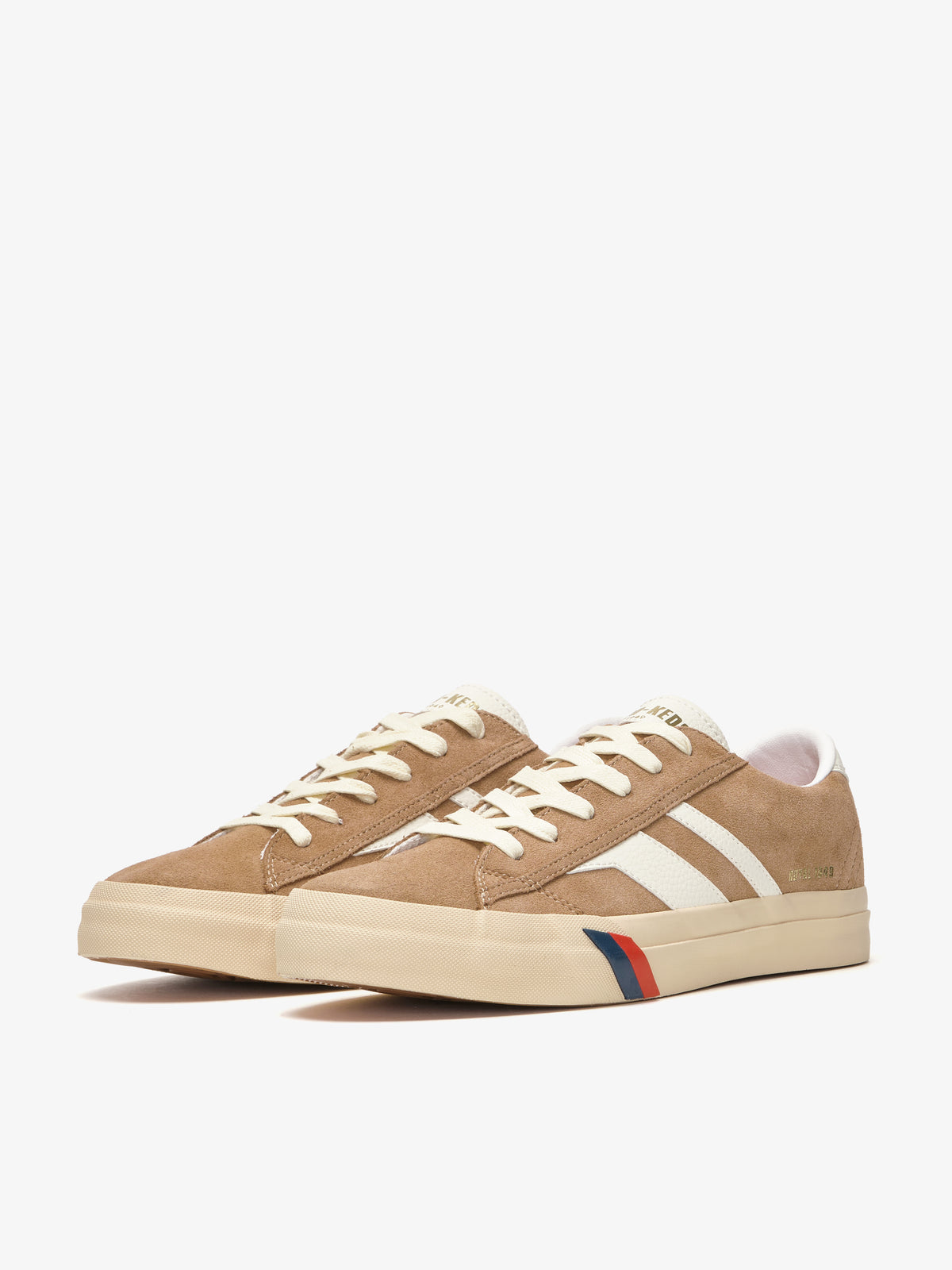 Sneaker da donna Pro-Keds Royal Classic in suede tundra e avorio, vista laterale e frontale
