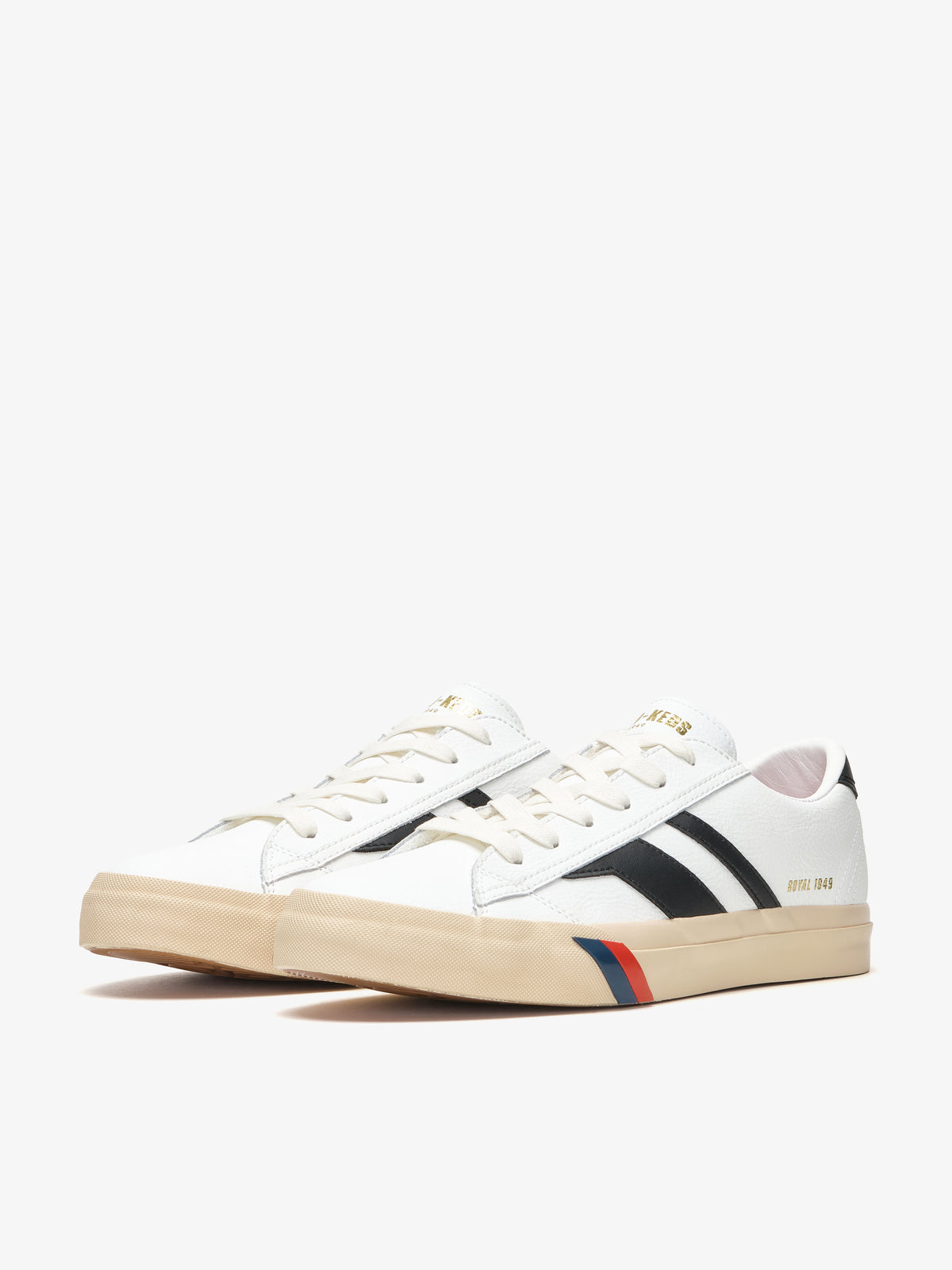 Sneaker da uomo Pro-Keds Royal Classic in pelle bianco e nero, vista laterale e frontale