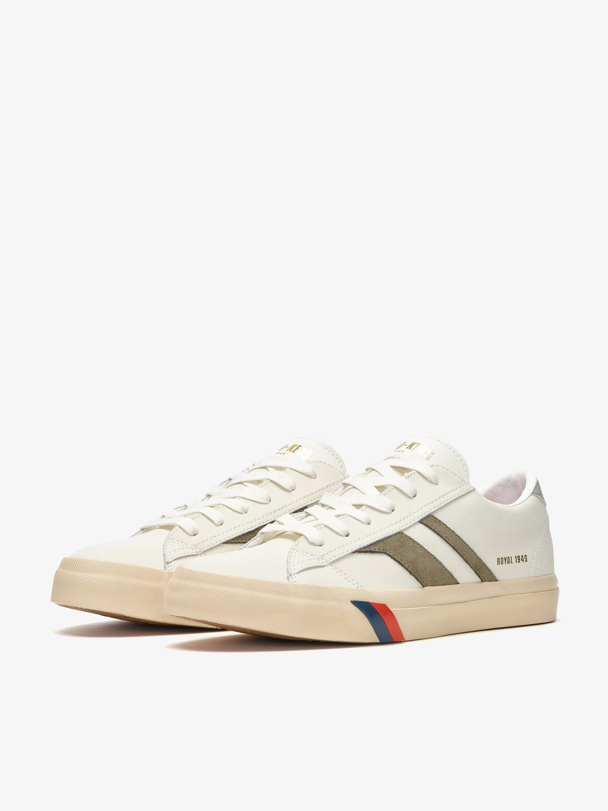 Sneaker da uomo Pro-Keds Royal Classic in pelle bianco e verde militare, vista laterale e frontale