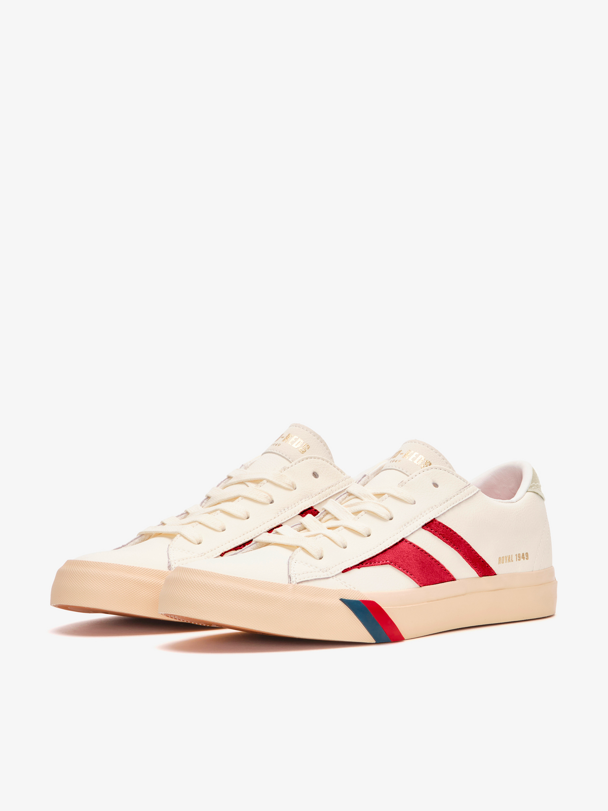 Sneaker Pro-Keds Royal Classic in pelle crema e rosso platino, vista laterale e frontale