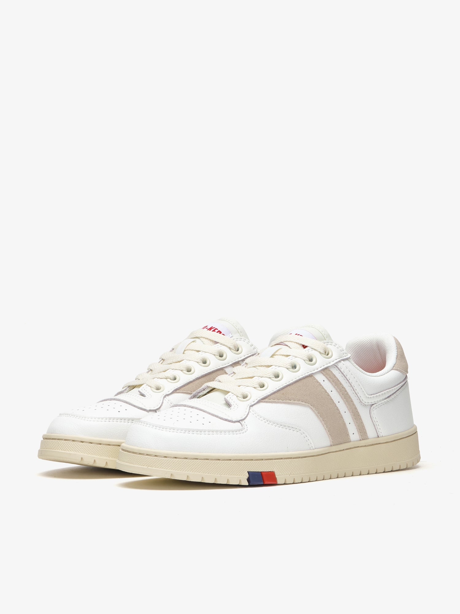 Sneaker Pro-Keds Sky in pelle bianco e sabbia, vista laterale e frontale