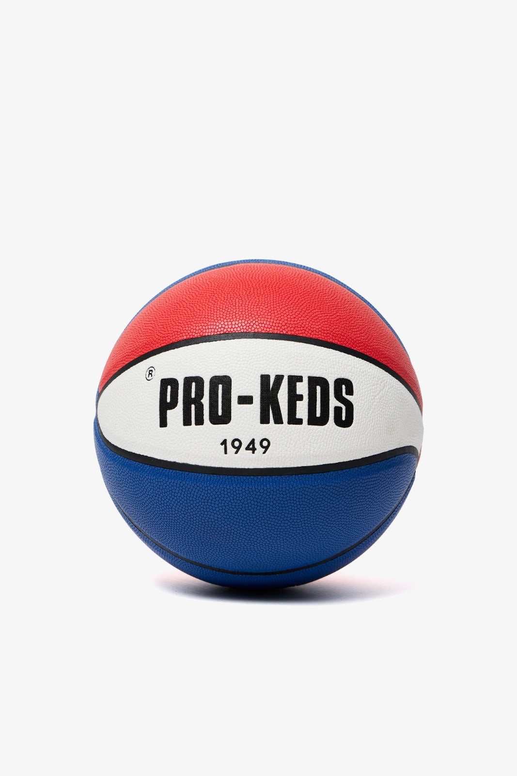 Palla da Basket PRO-KEDS 1949 in gomma, nei colori bianco, rosso e blu con logo nero stampato