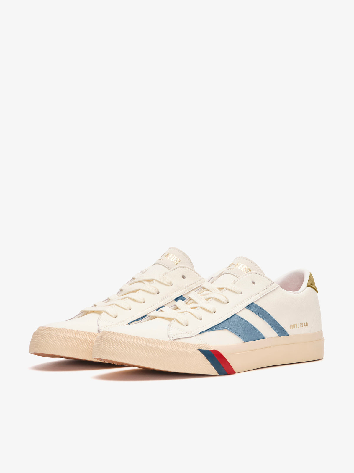 Sneaker Pro-Keds Royal Classic in pelle crema e blu pastello, vista laterale e frontale
