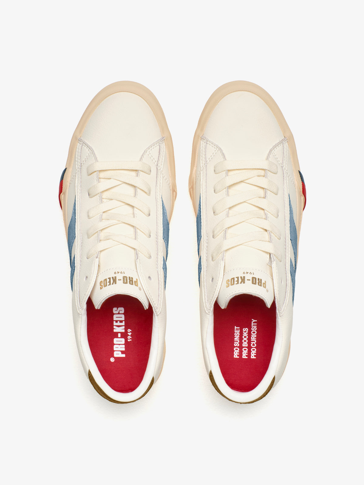 Sneaker Pro-Keds Royal Classic in pelle crema e blu pastello, dettaglio soletta interna
